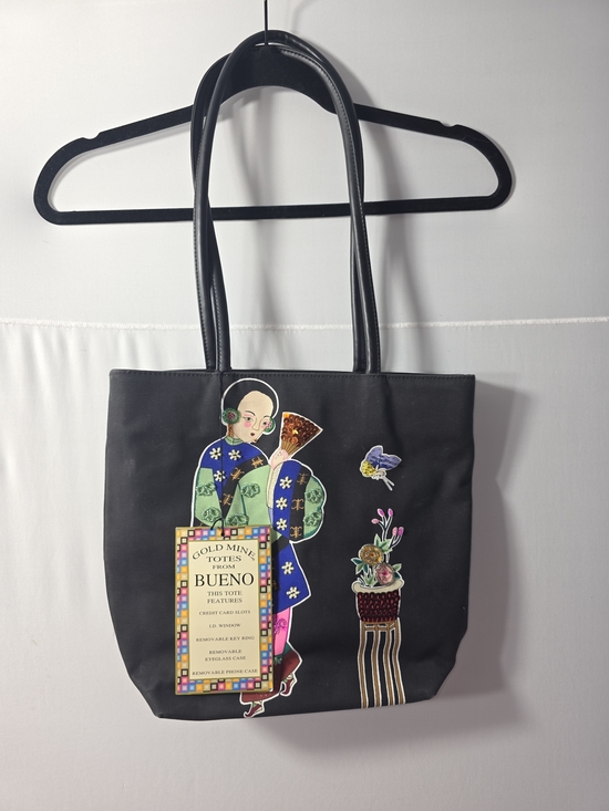 Bueno Handbags - Vintage Bueno Black Fabric Tote Bag with Decorative Asian Motif